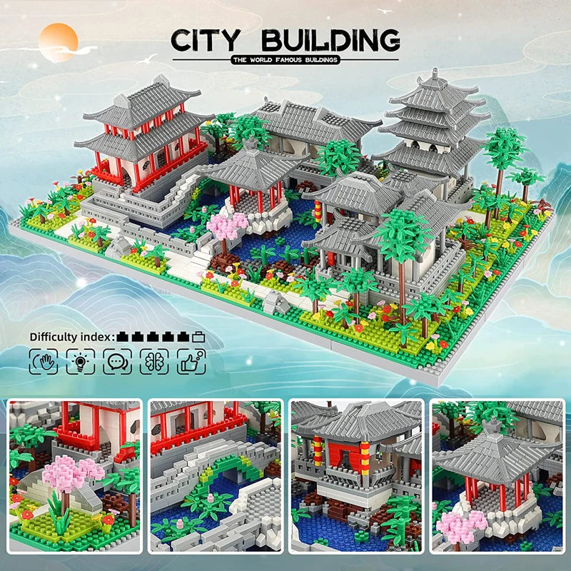 Architectural Wonders: China (Lezi Ancient Pavilion, Temple Tower, Lake Garden Gate) with LED Light Model Mini Bricks